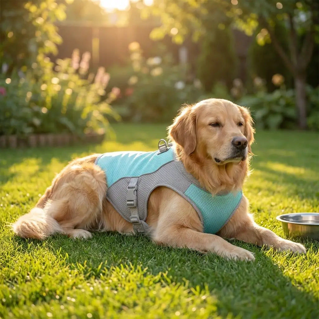Golden Retriever relaxing in a cooling vest in the garden