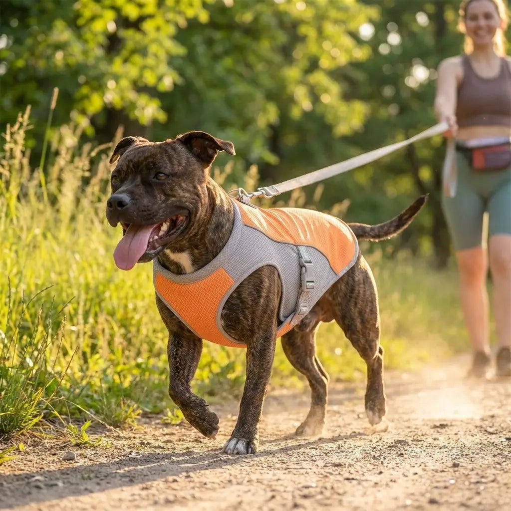 Staffy in an orange cooling vest keeping pace on a summer trail
