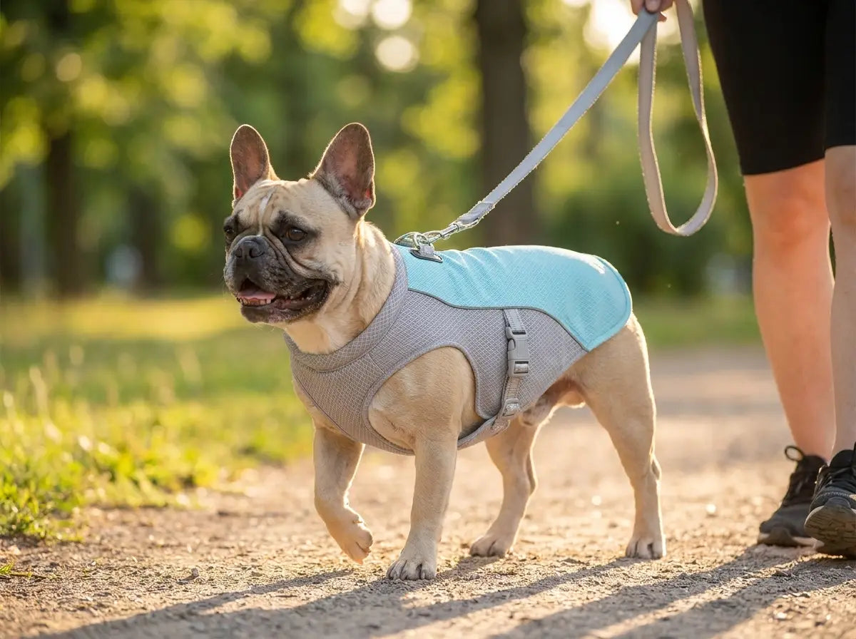 Calm French Bulldog wearing a blue cooling vest on a summer walk