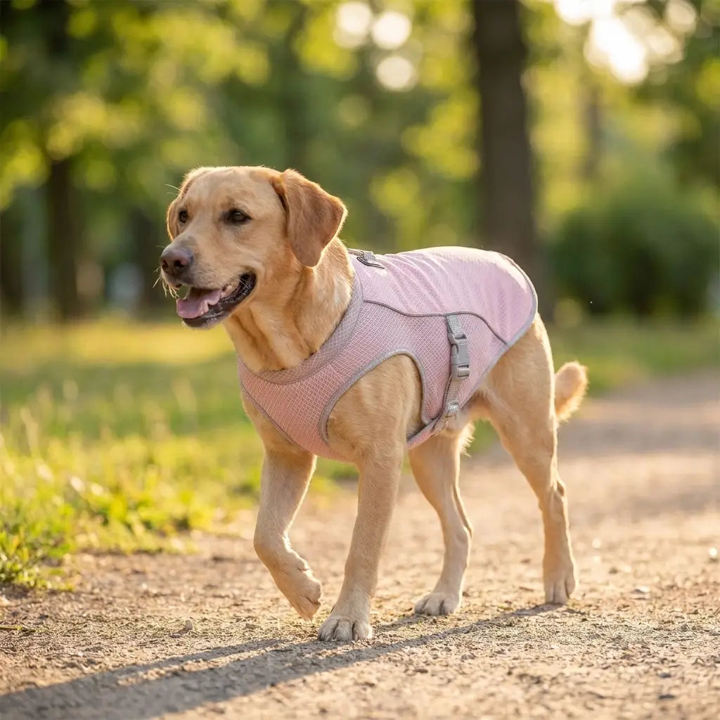 Happy dog walking outside in the cooling vest