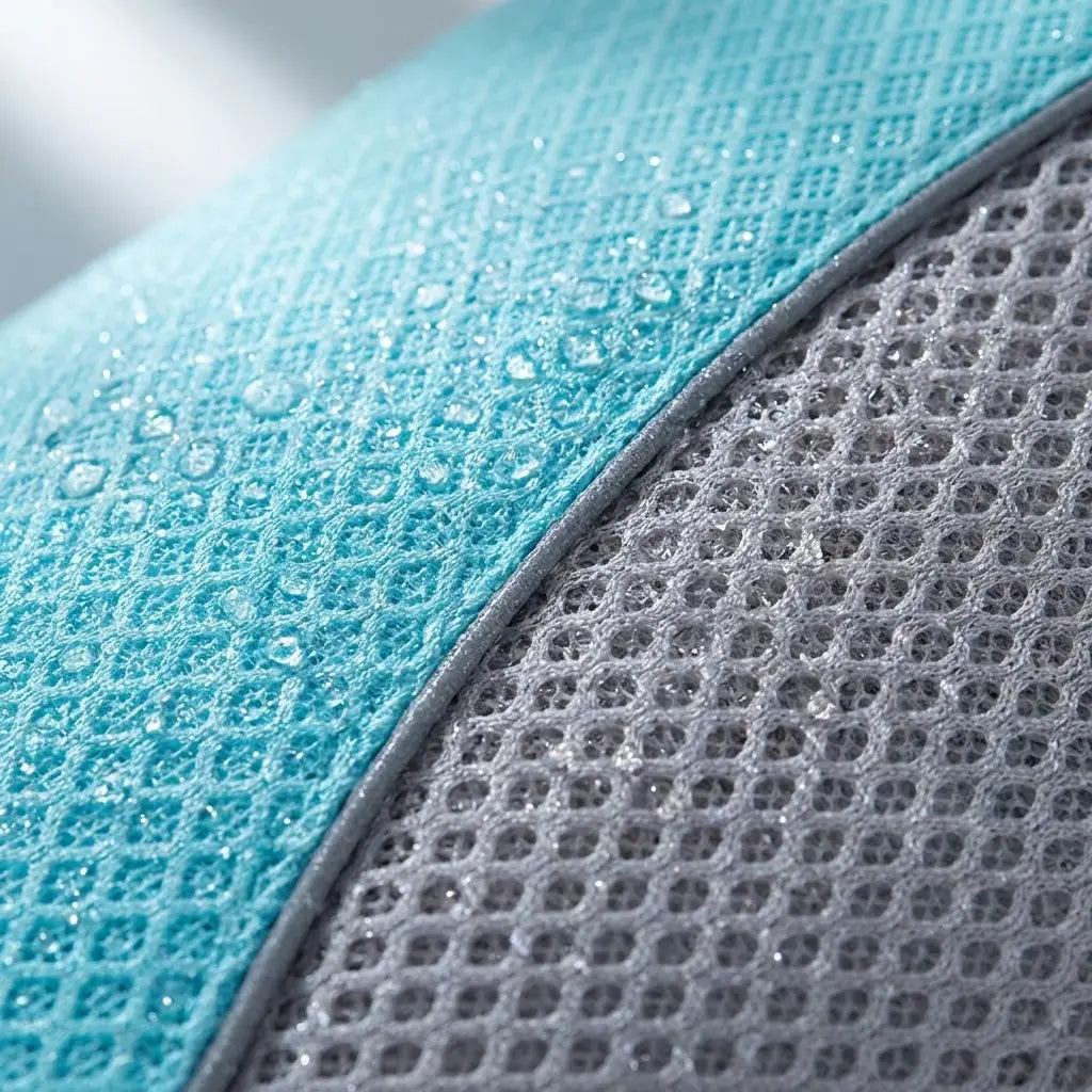 Close-up of the breathable diamond mesh cooling fabric with water