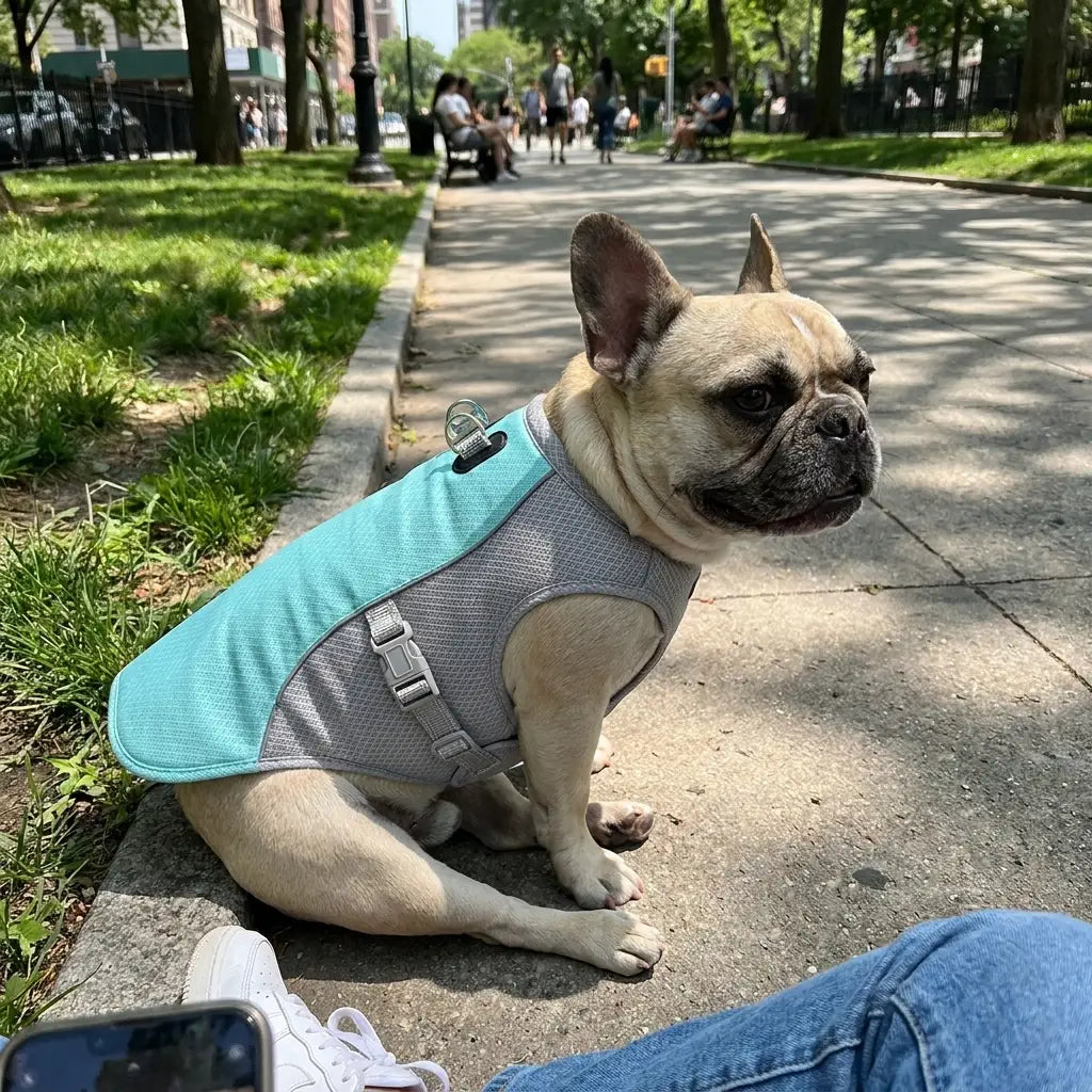 French Bulldog in a blue cooling vest on a city walk