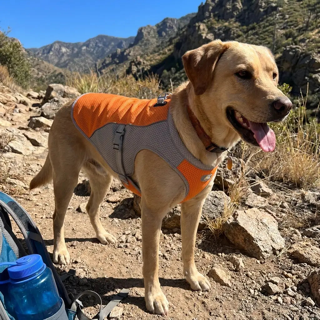 Active dog in an orange cooling vest on a rocky hiking trail