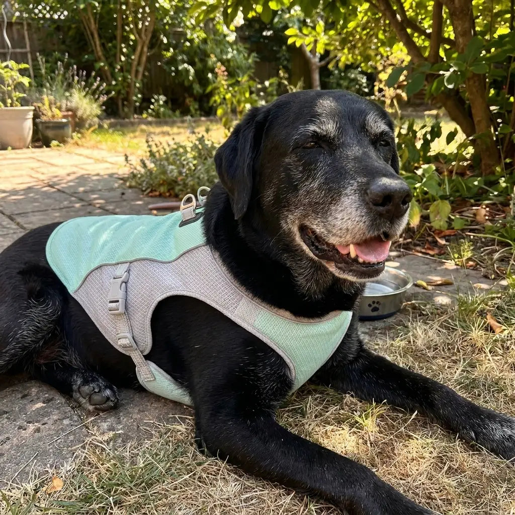 Senior black Labrador in a cooling vest resting in a shaded backyard